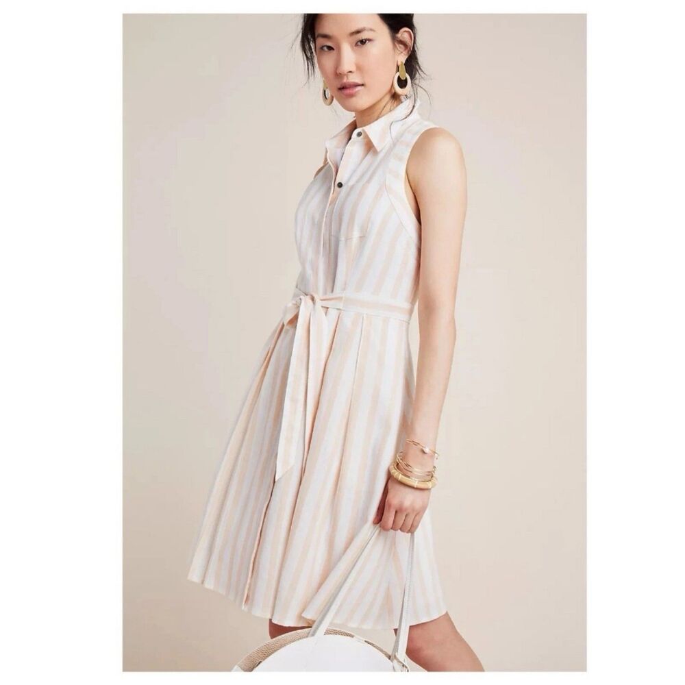 Anthropologie Billie Linen Shirt Dress Striped Coastal Retro Housewife Women 10